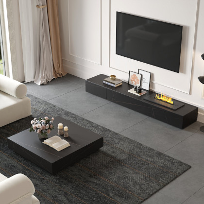 HMR Sintered Stone Electric Fireplace Humidifier TV Stand & 39" Coffee Table Set - Black, 86.6"W x 15.7"D x 10"H