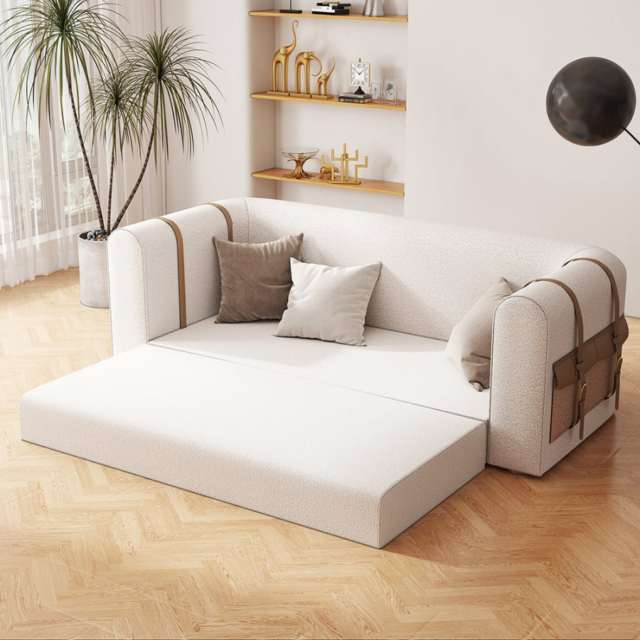 HMR - 87" Modern White Boucle 3-Seater Sofa Upholstered Convertible with Side Storage
