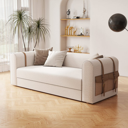 HMR - 87" Modern White Boucle 3-Seater Sofa Upholstered Convertible with Side Storage
