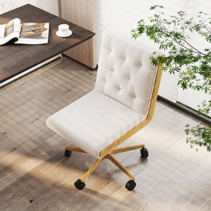 HMR - Modern White Swivel Office Chair Adjustable Height Ergonomic Linen Armless Desk Chair