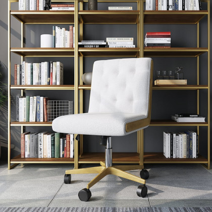HMR - Modern White Swivel Office Chair Adjustable Height Ergonomic Linen Armless Desk Chair