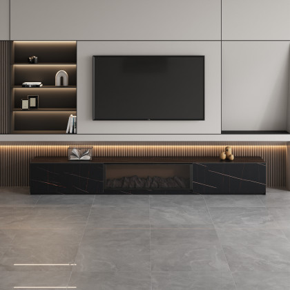 HMR Electric Fireplace TV Stand with 2 Drawers - Black, Sintered Stone, 78.7"W×15.4"D×15.4"H