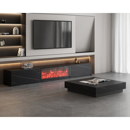 HMR Electric Fireplace TV Stand with 2 Drawers - Black, Sintered Stone, 78.7"W×15.4"D×15.4"H