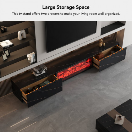 HMR Electric Fireplace TV Stand with 2 Drawers - Black, Sintered Stone, 78.7"W×15.4"D×15.4"H