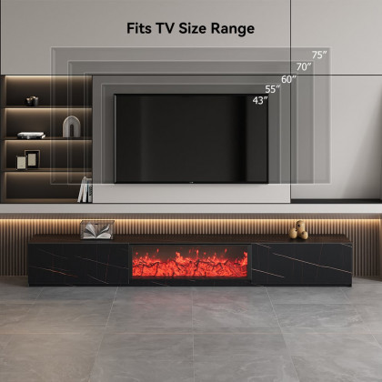 HMR Electric Fireplace TV Stand with 2 Drawers - Black, Sintered Stone, 78.7"W×15.4"D×15.4"H
