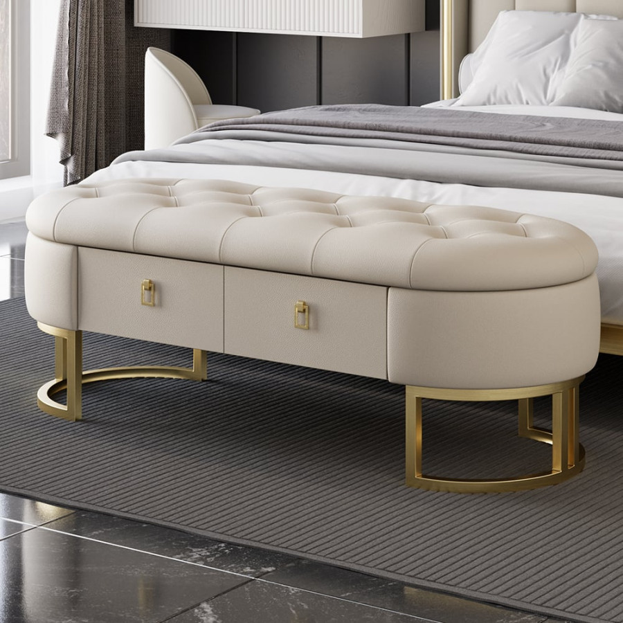 HMR - Modern Beige Bedroom Storage Tufted Bench with 2 Drawers in Leather Upholstery