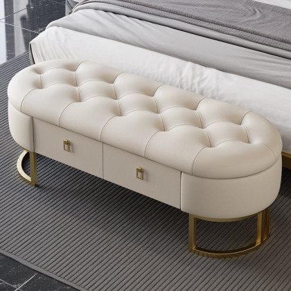 HMR - Modern Beige Bedroom Storage Tufted Bench with 2 Drawers in Leather Upholstery
