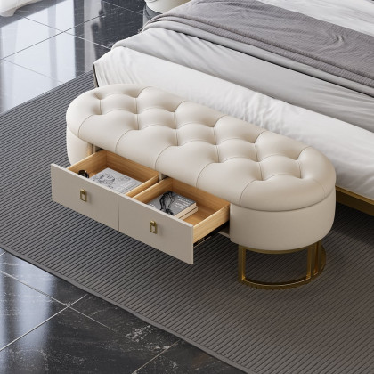 HMR - Modern Beige Bedroom Storage Tufted Bench with 2 Drawers in Leather Upholstery