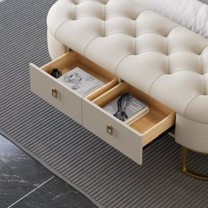 HMR - Modern Beige Bedroom Storage Tufted Bench with 2 Drawers in Leather Upholstery
