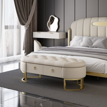 HMR - Modern Beige Bedroom Storage Tufted Bench with 2 Drawers in Leather Upholstery