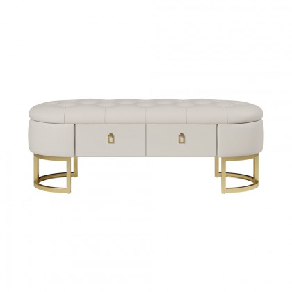 HMR - Modern Beige Bedroom Storage Tufted Bench with 2 Drawers in Leather Upholstery