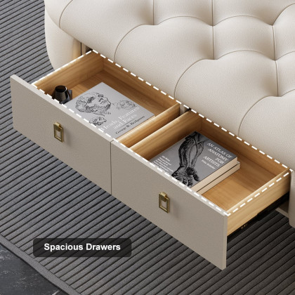 HMR - Modern Beige Bedroom Storage Tufted Bench with 2 Drawers in Leather Upholstery