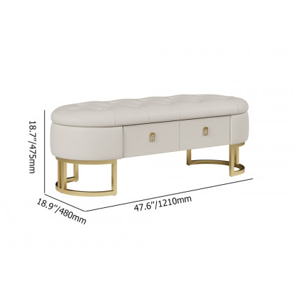 HMR - Modern Beige Bedroom Storage Tufted Bench with 2 Drawers in Leather Upholstery