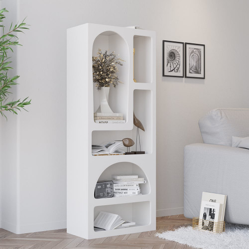 HMR - Codiys 59.1" Art Deco White Arched Bookcase Tall Open Geometric Japandi Bookshelf Wood