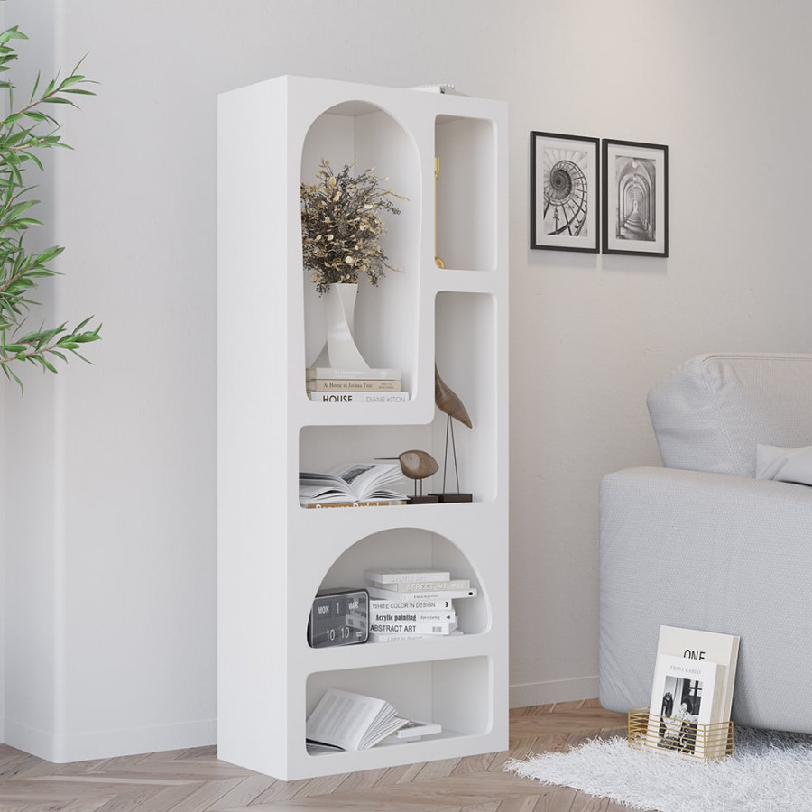 HMR - Codiys 59.1" Art Deco White Arched Bookcase Tall Open Geometric Japandi Bookshelf Wood