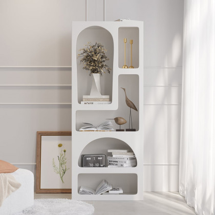 HMR - Codiys 59.1" Art Deco White Arched Bookcase Tall Open Geometric Japandi Bookshelf Wood