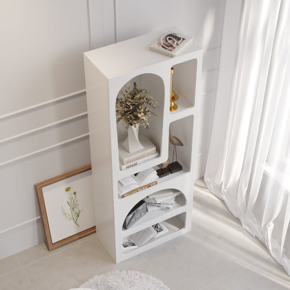 HMR - Codiys 59.1" Art Deco White Arched Bookcase Tall Open Geometric Japandi Bookshelf Wood