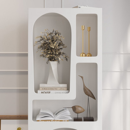HMR - Codiys 59.1" Art Deco White Arched Bookcase Tall Open Geometric Japandi Bookshelf Wood