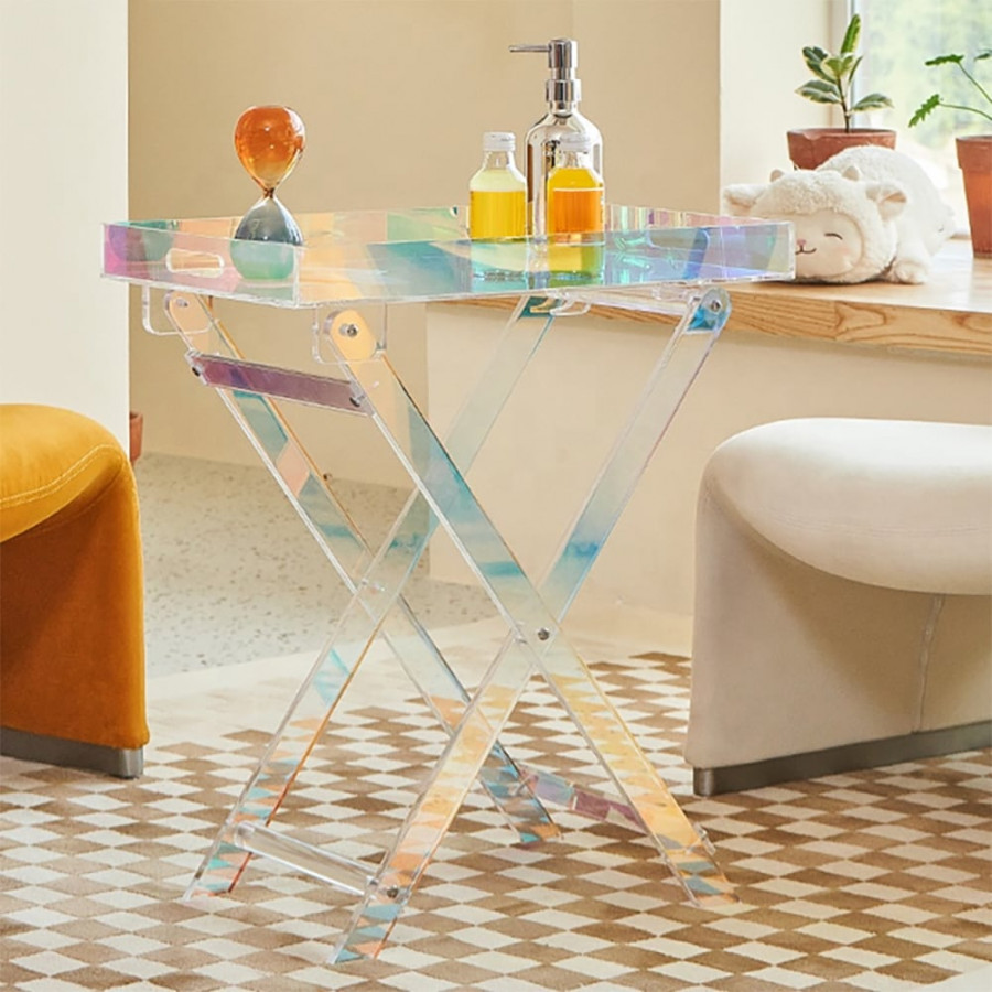 HMR - Modern Acrylic Folding Side Table Clear Square Iridescent End Table