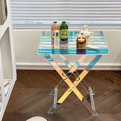 HMR - Modern Acrylic Folding Side Table Clear Square Iridescent End Table