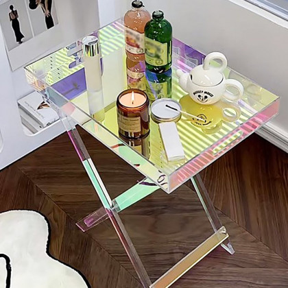 HMR - Modern Acrylic Folding Side Table Clear Square Iridescent End Table