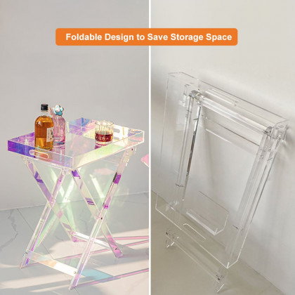 HMR - Modern Acrylic Folding Side Table Clear Square Iridescent End Table