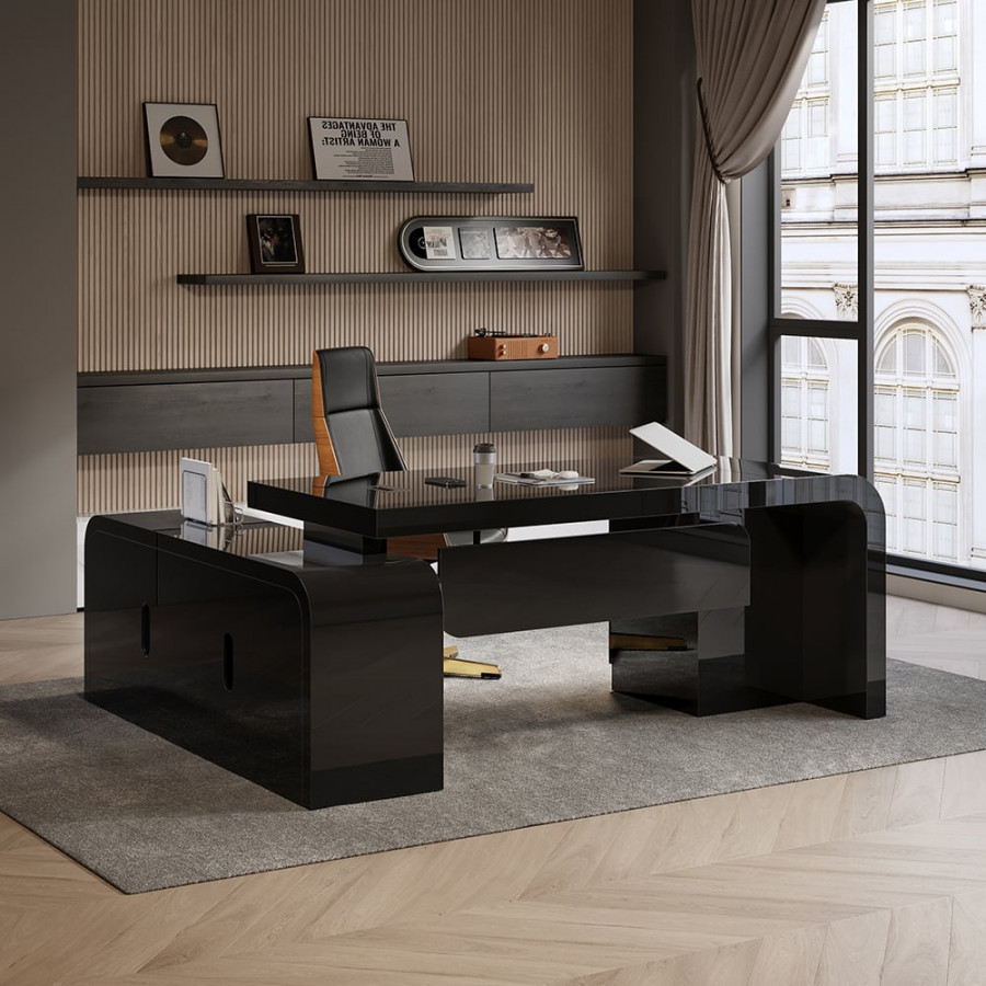 HMR L-shaped Modern Executive Desk & Reclining Leather Office Chair - Black, 70.9"L x 63.0"W x 29.9"H, Right Hand