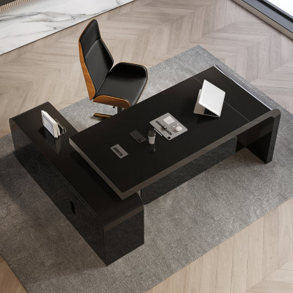 HMR L-shaped Modern Executive Desk & Reclining Leather Office Chair - Black, 70.9"L x 63.0"W x 29.9"H, Right Hand