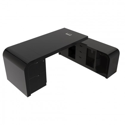 HMR L-shaped Modern Executive Desk & Reclining Leather Office Chair - Black, 70.9"L x 63.0"W x 29.9"H, Right Hand