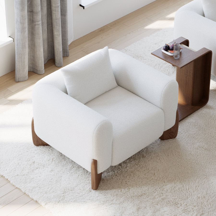 HMR - Curva White Boucle Accent Chair with Wood Frame