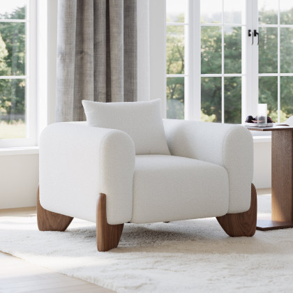 HMR - Curva White Boucle Accent Chair with Wood Frame