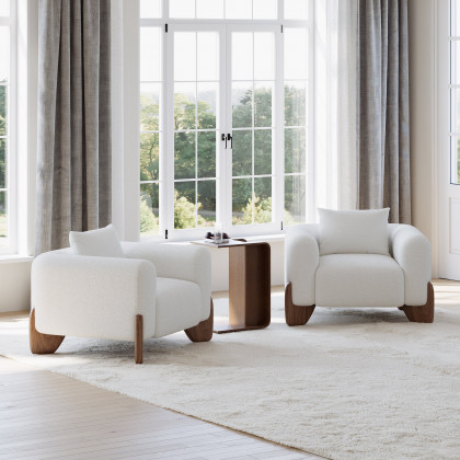 HMR - Curva White Boucle Accent Chair with Wood Frame