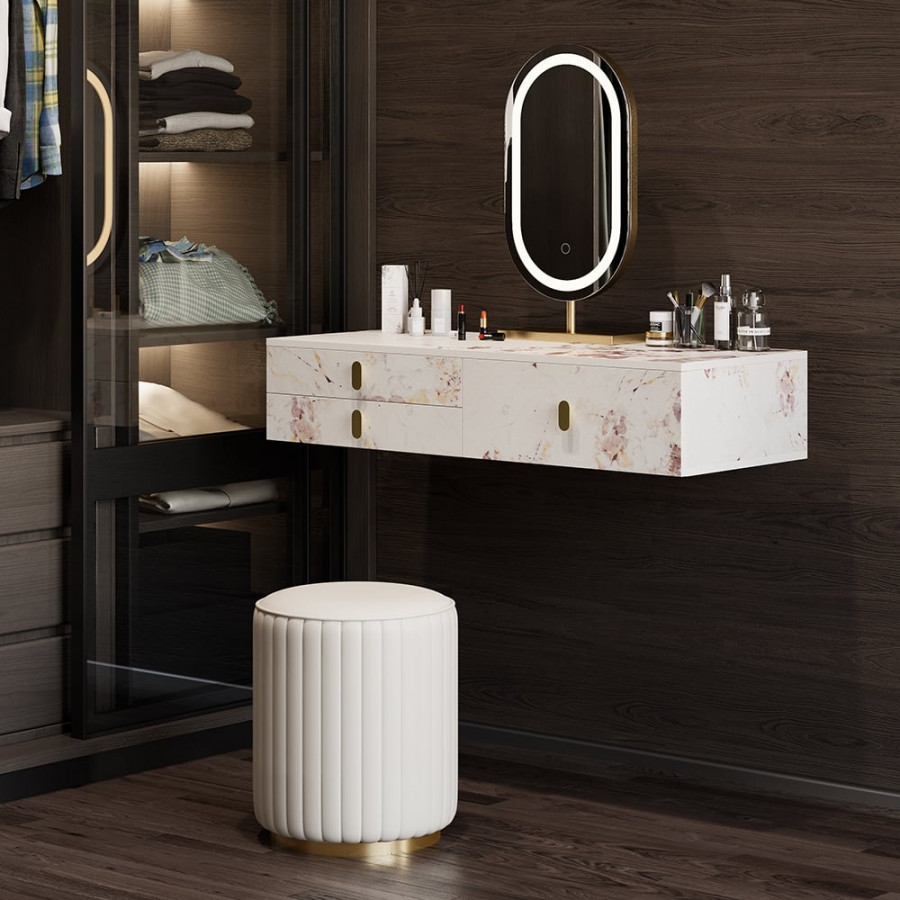 HMR - Modern White Floating Makeup Vanity Set Dressing Table with LED Mirror & Leather Stool