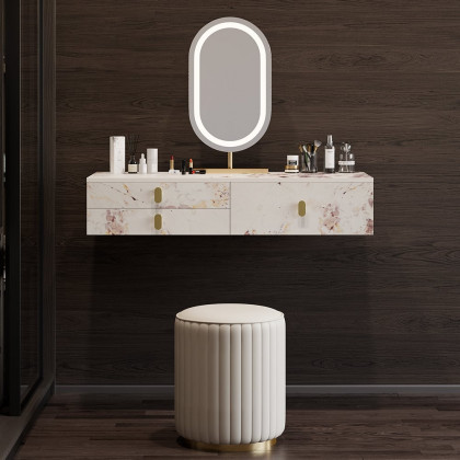 HMR - Modern White Floating Makeup Vanity Set Dressing Table with LED Mirror & Leather Stool