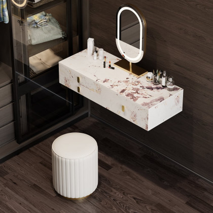 HMR - Modern White Floating Makeup Vanity Set Dressing Table with LED Mirror & Leather Stool