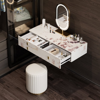 HMR - Modern White Floating Makeup Vanity Set Dressing Table with LED Mirror & Leather Stool