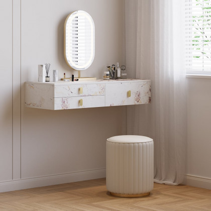 HMR - Modern White Floating Makeup Vanity Set Dressing Table with LED Mirror & Leather Stool