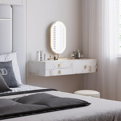 HMR - Modern White Floating Makeup Vanity Set Dressing Table with LED Mirror & Leather Stool