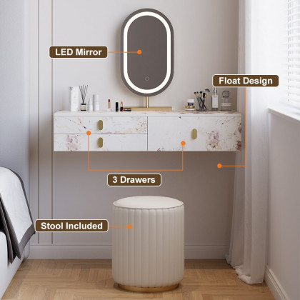HMR - Modern White Floating Makeup Vanity Set Dressing Table with LED Mirror & Leather Stool