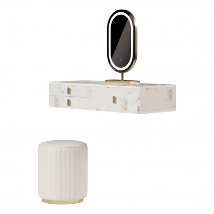 HMR - Modern White Floating Makeup Vanity Set Dressing Table with LED Mirror & Leather Stool