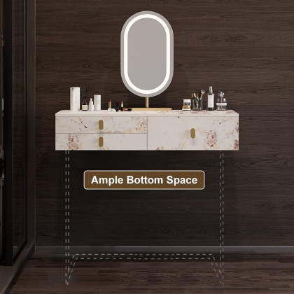 HMR - Modern White Floating Makeup Vanity Set Dressing Table with LED Mirror & Leather Stool