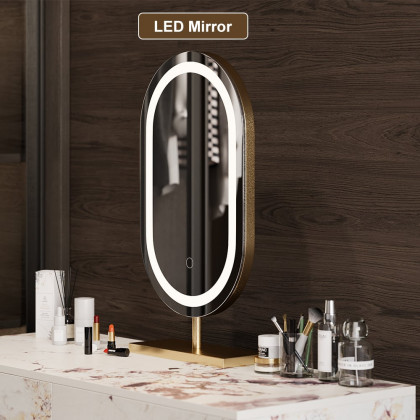 HMR - Modern White Floating Makeup Vanity Set Dressing Table with LED Mirror & Leather Stool
