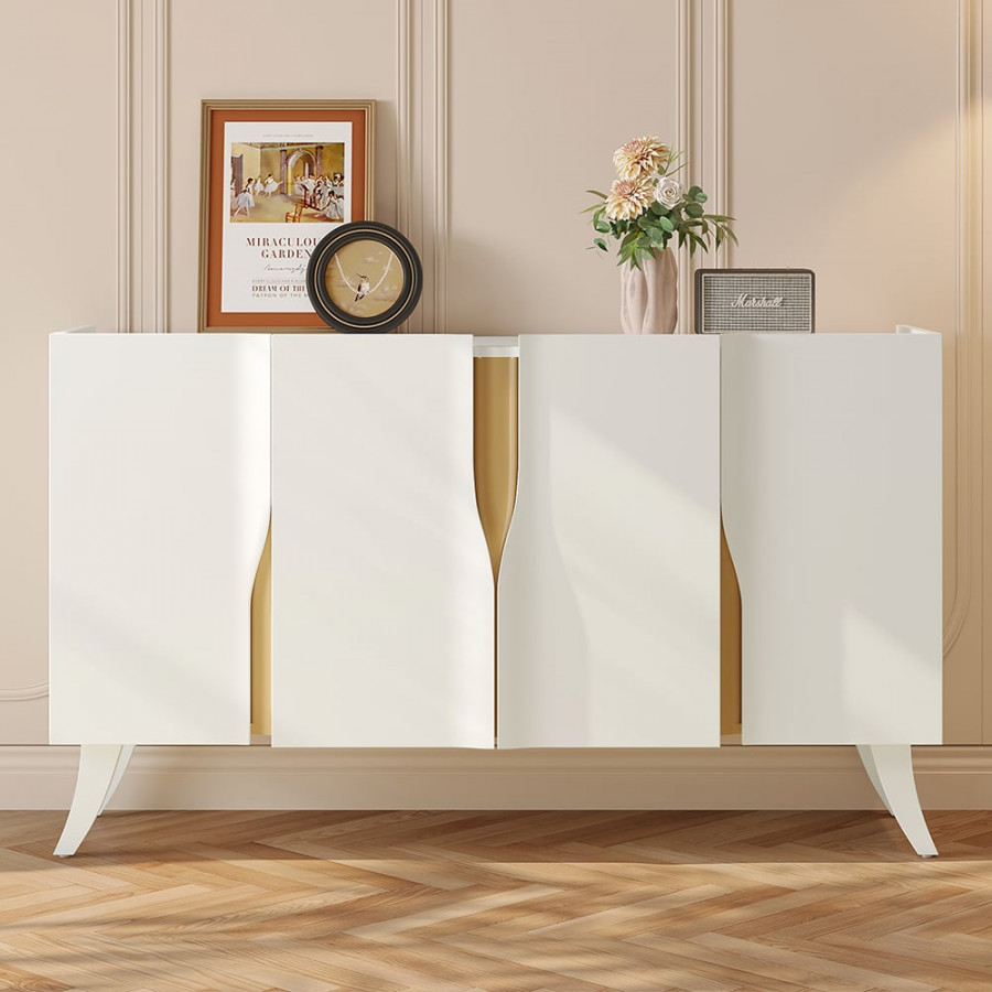 HMR - 59" Modern White Sideboard Buffet with Doors Curved Credenza Adjustable Shelves