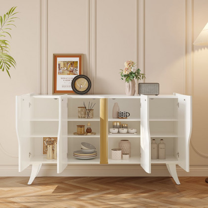 HMR - 59" Modern White Sideboard Buffet with Doors Curved Credenza Adjustable Shelves