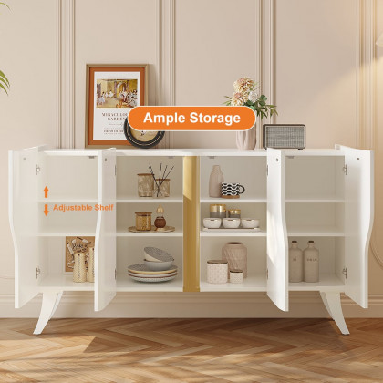 HMR - 59" Modern White Sideboard Buffet with Doors Curved Credenza Adjustable Shelves