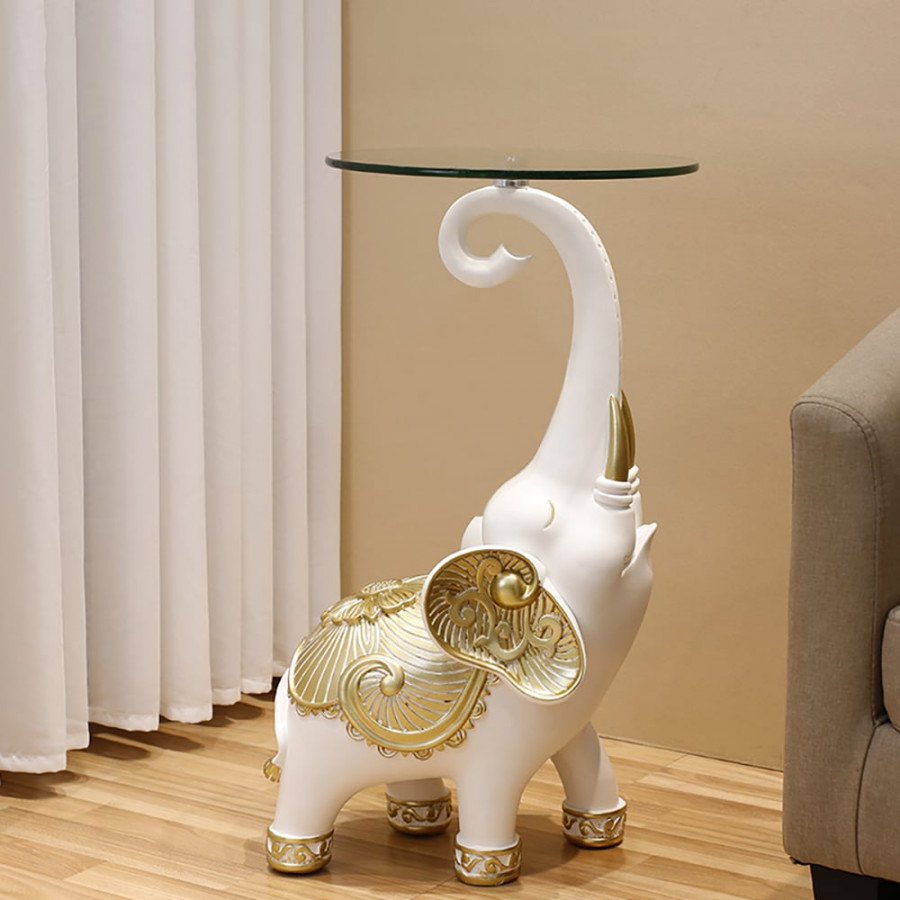 HMR - White Elephant Side Table in Gold Finish Modern End Table with Clear Glass Tray Top