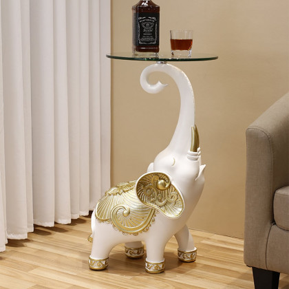 HMR - White Elephant Side Table in Gold Finish Modern End Table with Clear Glass Tray Top