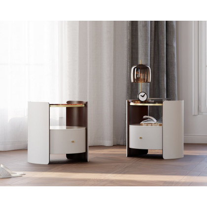 HMR Modern Round Leather Nightstand with Glass Top & Sintered Stone Bedside with Shelf - White, Single