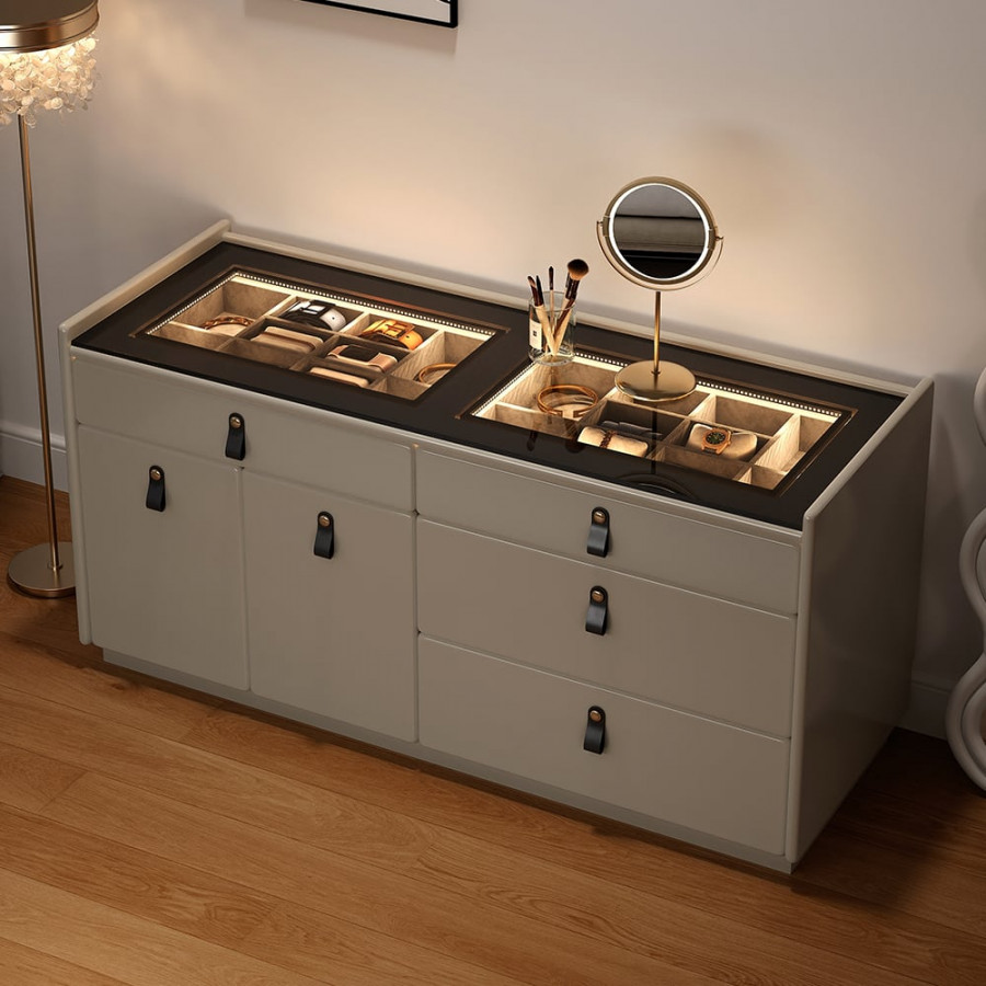 HMR - Modern 47"W Glass 4 Drawer Dresser with Light Closet Island with Jewelry Storage & Doors