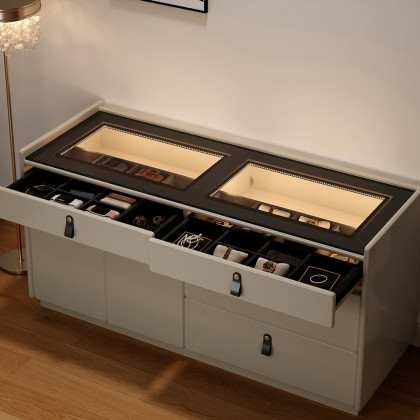 HMR - Modern 47"W Glass 4 Drawer Dresser with Light Closet Island with Jewelry Storage & Doors
